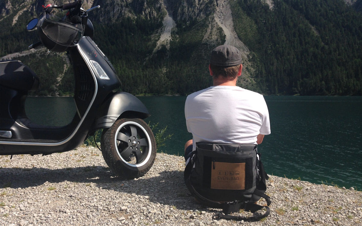 Bike bag and beach chair with lake view