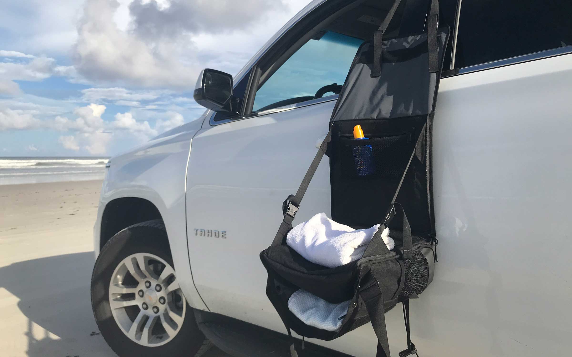 A special toiletry bag for car tires on the beach during camping