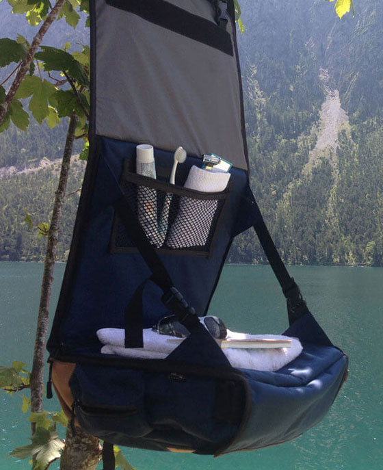 Camping with EVENaBAG toiletry bag at a lake in USA